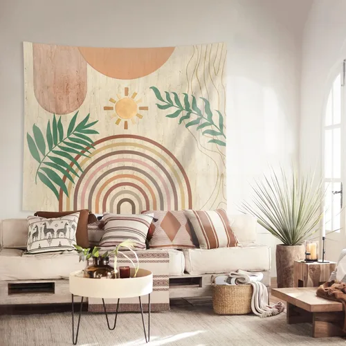 Miniatura 5 de SUOTEMEIFEI Tapiz de arte bohemio con plantas, tapiz retro con plantas, puesta de sol, paisaje, estético, abstracto, para pared, dormitorio, sala