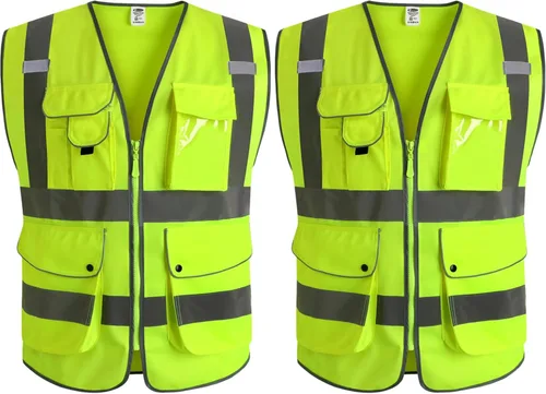 Miniatura 54 de JKSafety Chaleco de seguridad frontal con cremallera de alta visibilidad de 9 bolsillos de color dual MESH Lite Tira reflectante con ribete