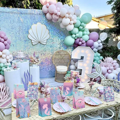 Miniatura 5 de XJLANTTE 40 bolsas de regalo de sirena, bolsas de recuerdo de fiesta bajo el mar con calcomanías para la cola, bolsas de fiesta para niños y niñas