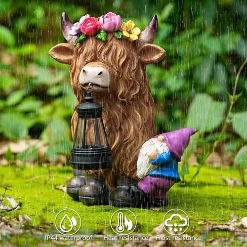 Miniatura 4 de TOLIMI - Farol de jardín con estatuas de resina de vaca de las tierras altas con gnomo, decoración de luz solar para exteriores, decoraciones