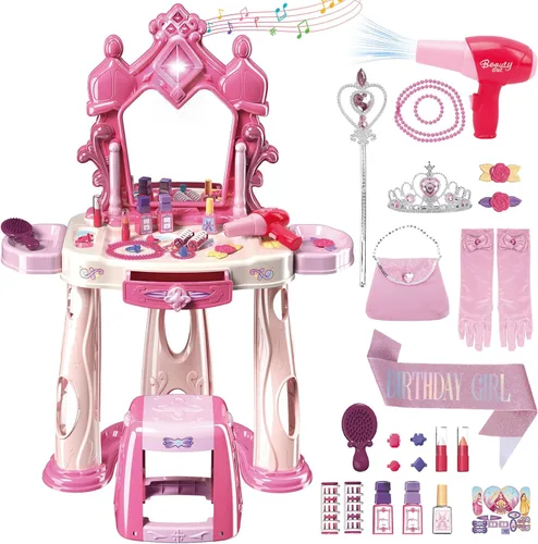 deAO Juego de tocador de maquillaje para bebés con espejo y silla, juguete de tocador para niños con maquillaje de simulación con secador de pelo,