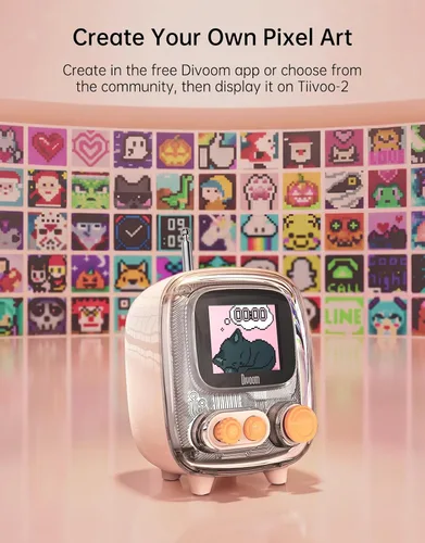 Miniatura 5 de Divoom Tiivoo-2 - Altavoz Bluetooth retro Pixel con reproducción USB-C/TF, pantalla de arte de píxeles personalizados, reloj despertador y modo