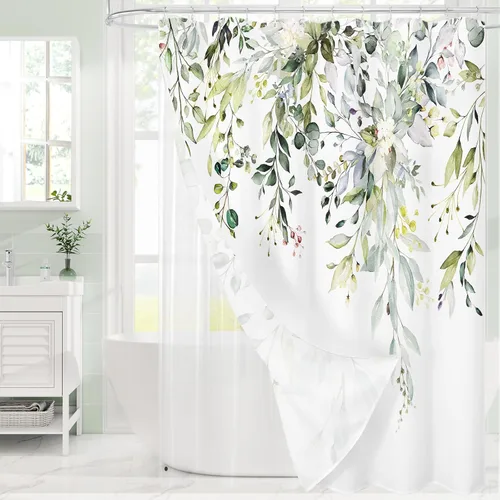 Miniatura 7 de Gibelle - Cortina de ducha de eucalipto marrón, hojas de plantas de acuarela con diseño floral, juego de cortina de ducha con ganchos, 72 x 72
