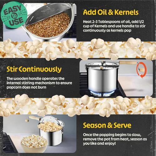 Miniatura 6 de Great Northern Popcorn Stovetop Popcorn Maker - Stainless-Steel Popcorn Popper with a Hand Crank, Vented Lid, and Stir Paddle