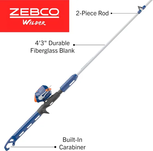 Miniatura 2 de Zebco Wilder - Combo de carrete y caña de pescar, caña de fibra de vidrio duradera de 4 pies 3 pulgadas con mosquetón integrado, carrete patentado