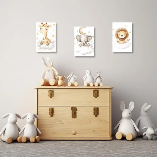 Miniatura 4 de DOARTDO Lienzo decorativo para cuarto de bebé, 3 piezas, diseño de elefante, león, jirafa, pintura para habitación de niños, marco decorativo