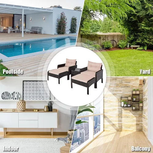 Miniatura 6 de Juego de muebles de patio de 5 piezas, silla de mimbre de ratán para conversación al aire libre con 2 otomanas y mesa de centro de vidrio templado