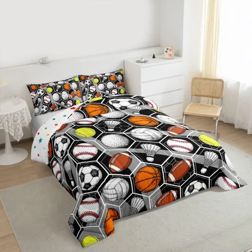 Miniatura 3 de Juego de ropa de cama de juegos de pelota, juego de edredón de baloncesto y fútbol, hexagonal, geométrico, deportivo, de plumón, béisbol, tenis