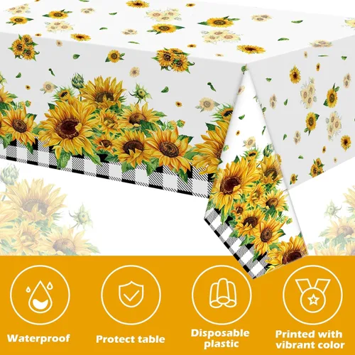 Miniatura 4 de Bencailor 6 manteles rectangulares de plástico con diseño de girasol, a cuadros, para decoración de fiestas, cocina, patio, 54 x 108 pulgadas