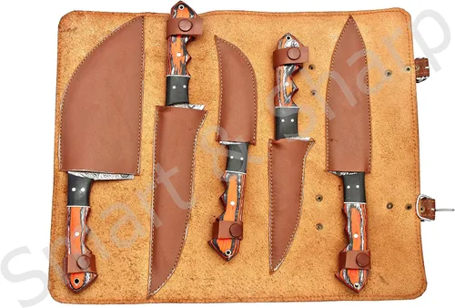 Miniatura 6 de Juego de cuchillos de chef de Damasco hechos a mano personalizados/cuchillos de cocina Juego de 5 piezas SS-17211 (madera de color naranja y negro)