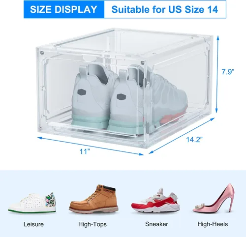 Miniatura 2 de HIYOHIYO Cajas de zapatos apilables de plástico transparente tamaño 14, contenedores magnéticos para zapatos, caja de almacenamiento plegable
