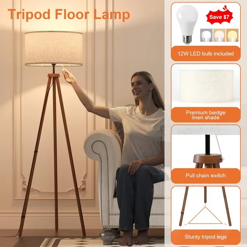 Miniatura 2 de LiteHistory Lámparas de pie de trípode de madera para sala de estar, dormitorio y oficina, lámpara de pie con pantalla de lino beige, bombilla