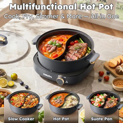 Miniatura 7 de Dezin Olla Caliente Eléctrica con Divisor, Shabu Shabu Eléctrico de 4L con Olla de Doble Sabor, 3.7" de Profundidad Antiadherente de Doble Lado