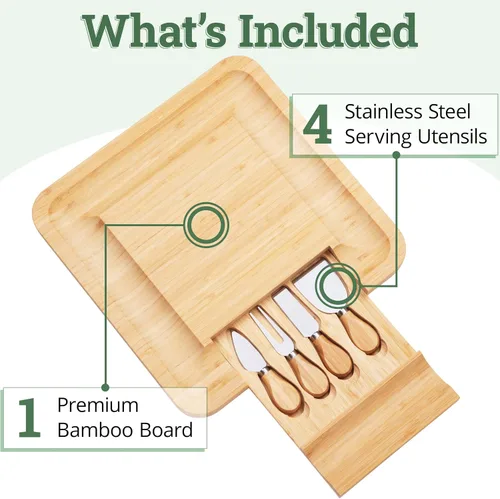 Miniatura 2 de Dynamic Gear. - Juego de tabla de quesos de bambú con juego de cuchillos en cajón deslizante que incluye 4 utensilios de acero inoxidable