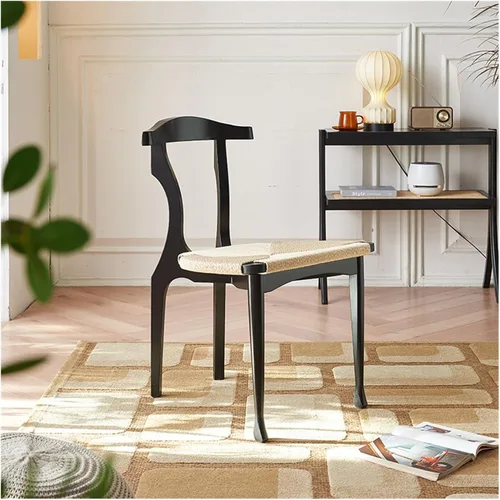 sillas de comedor Cuerda de cáñamo Silla de comedor Hogar Moderno Simple Hotel Restaurante Respaldo de madera maciza Apoyabrazos Negro Fresno Cocina