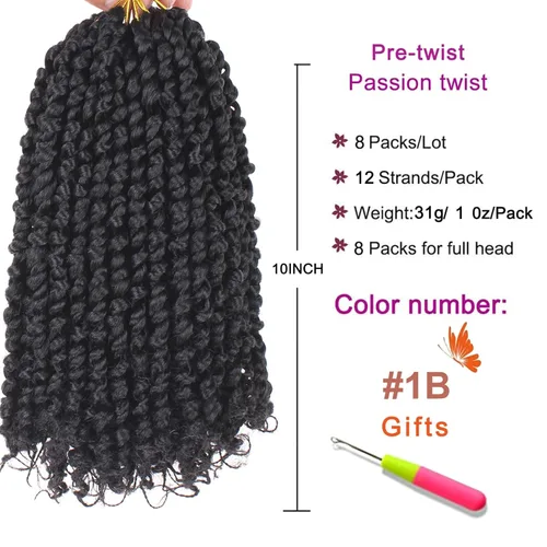ZRQ Paquete de 8 paquetes de cabello corto pretrenzado Bob Passion Twist con extremos rizados, 10 pulgadas, cabello negro preenrollado, 12