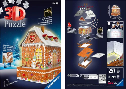 Miniatura 7 de Ravensburger - Casa de pan de jengibre 3D con luces - Rompecabezas de 216 piezas - Casa tradicional de pan de jengibre con base resistente e