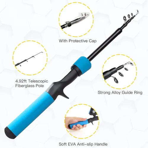 Miniatura 2 de Kit de caña de pescar para niños, caña telescópica de 59 pulgadas y carrete para principiantes con carrete Spincast, caja de aparejos, bolsa