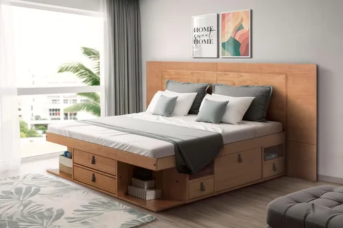 Memomad Bali Slim Set: Plataforma de almacenamiento con cajones + Cabecero de panel plano (Tamaño completo, madera marrón roble)