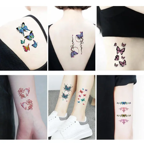 Miniatura 4 de 60 hojas de tatuajes temporales de flores, tatuajes de mariposas, palabras, líneas, tatuajes para adultos, hombres y mujeres