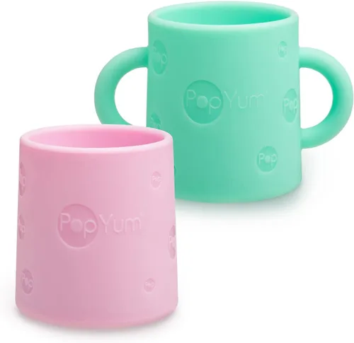 Miniatura 8 de PopYum Taza de entrenamiento de silicona, paquete de 2, morado eléctrico y rosa orquídea Asas, sin BPA, entrenamiento de autoalimentación, vaso