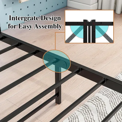 Miniatura 6 de HOJINLINERO Base de cama individual con cabecera de almacenamiento, plataforma de metal con estación de carga, no necesita somier, soporte de Roble