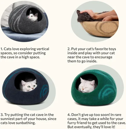 Miniatura 7 de MEOWFIA Cueva para gatos – Cama de fieltro premium para gatos de interior, hecha a mano 100% lana de merino, gato (Beige, Grande)