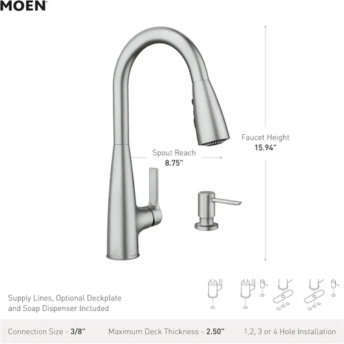 Miniatura 8 de Moen Haelyn - Grifo de cocina monocontrol con rociador extraíble cromado con potencia para una limpieza más rápida, dispensador de jabón incluido
