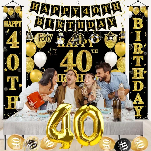 Miniatura 6 de Kit de 32 piezas de decoración de cumpleaños 40 para hombres y mujeres, pancarta de feliz cumpleaños número 40, globos colgantes de remolinos
