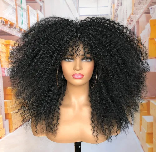 Peluca rizada larga de 18 pulgadas con flequillo para mujeres negras, peluca rizada tipo afro bomb, pelo sintético suave y esponjoso (negro)