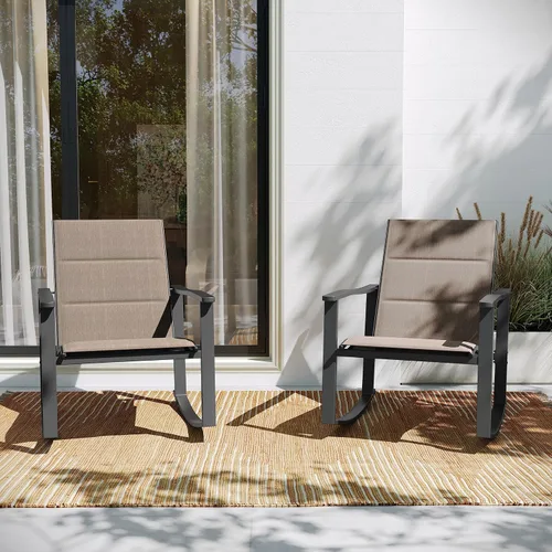BizChair Juego de 2 mecedoras para exteriores marrones con material Flex Comfort y marco de metal negro