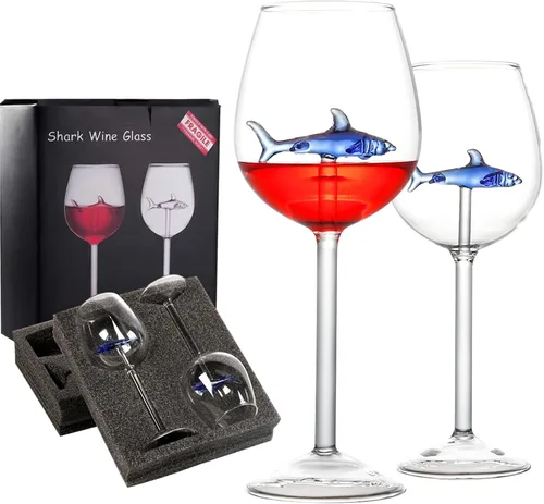 Copas de vino de color azul Shark 3D (juego de 2), copas de vino tinto personalizadas, regalos modernos para amantes de los tiburones para mujeres,