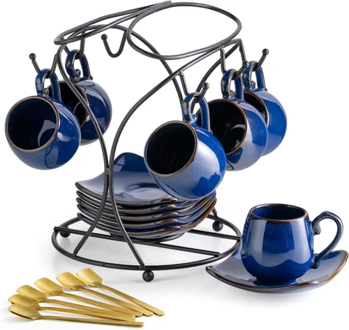 Miniatura 11 de LYEOBOH Juego de tazas de café expreso y platillos, taza de café de cerámica de 3 onzas, pequeñas tazas demitasses, tazas de café expreso con Negro