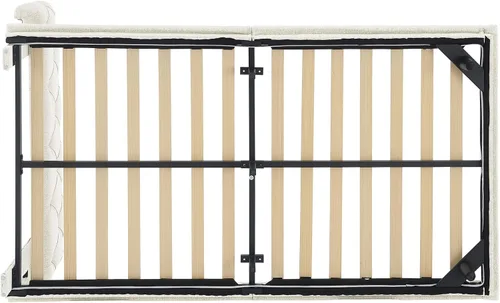 Miniatura 6 de Cama de plataforma flotante, marco de cama de madera tamaño individual con rayas claras, tela de lino suave y cabecera de diseño capitoné