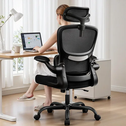 Miniatura 11 de BESTFAIR Silla de oficina ergonómica de respaldo alto, silla de escritorio de malla transpirable con soporte lumbar, reposacabezas ajustables