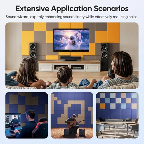 Miniatura 6 de Paquete de 12 paneles acústicos de 12" X 12" X 0.4" para absorción de sonido de pared, paneles de sonido cuadrados autoadhesivos de alta densidad