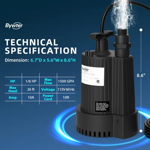 Bomba de agua sumergible de 1/6 HP, bomba de sumidero de 1500 GPH con carcasa termoplástica, bomba de agua eléctrica portátil de 115 V con cable de