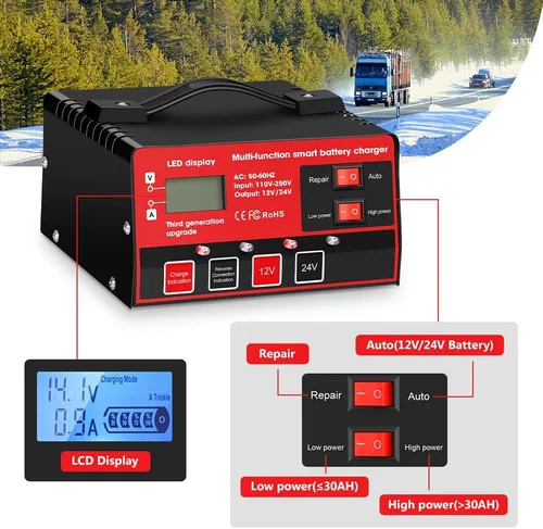 Miniatura 3 de Outerman - Cargador de batería de automóvil, 12 V, 24 V, de plomo-ácido, pantalla LCD, mantenimiento automático de batería inteligente