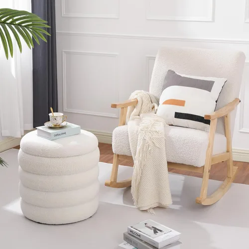 Miniatura 7 de Teddy Sherpa - Otomana redonda con almacenamiento, taburete tapizado moderno, reposapiés, pequeño ramo blanco otomano de almacenamiento