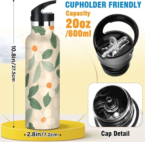 Miniatura 2 de FLOWER and whites - Botella de agua natural a prueba de fugas, sin BPA, con pajilla, doble pared aislada al vacío para deportes, viajes y escuela