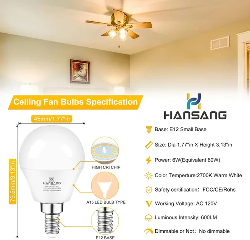 Miniatura 2 de Bombillas LED de 6 vatios (equivalente a 60 W), bombilla redonda de candelabro de base pequeña E12, 600 lúmenes, bombillas blancas cálidas de 2700 K