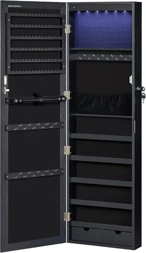 SONGMICS UJJC093B01 - Armario de joyería con espejo de 6 ledes 472 pulgadas de alto con cerradura y puerta organizador de joyas con espejo 2 cajones