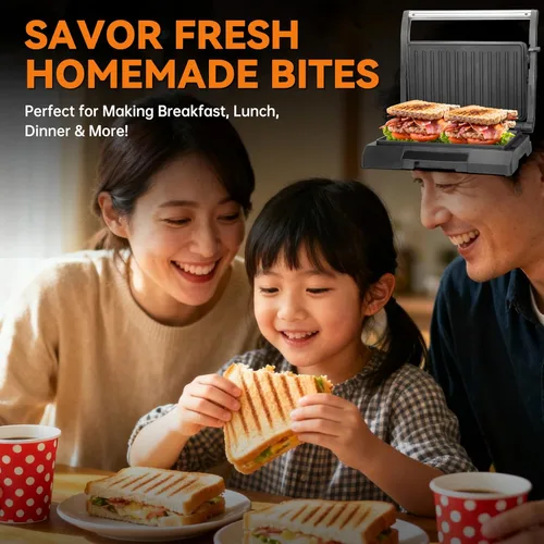 Miniatura 8 de Baker's Friend Prensa Eléctrica Mini para Panini de 2 Rebanadas, Prensa Parrilla para Panini Sandwichera Eléctrica para Panqueques y Huevos, Bandeja