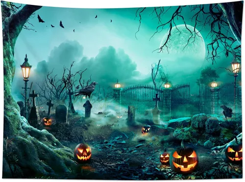 Miniatura 13 de HVEST Tapiz de noche de Halloween, tapiz para colgar en la pared, bosque embrujado con tumba y calabazas, manta de pared para dormitorio, sala