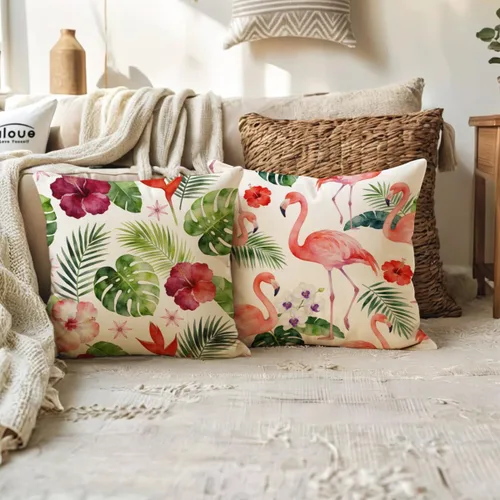 Miniatura 4 de ULOVE LOVE YOURSELF Fundas de almohada decorativas para el hogar, patrón de flamenco y hojas de flores tropicales, fundas de cojín de verano de 18 x