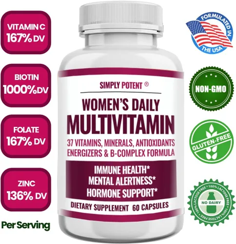 Miniatura 2 de Simply Potent Multivitamínico para mujer – 37 vitaminas y minerales con biotina, vitaminas A C D E B12, folato, zinc, magnesio, calcio y extracto