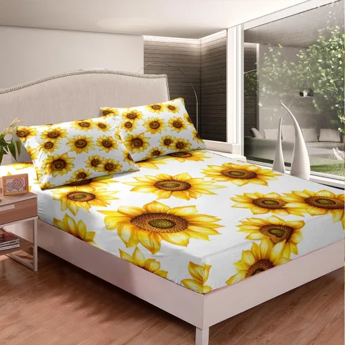 Miniatura 3 de Juego de sábanas de girasol, tamaño Queen, juego de sábanas botánicas florales 3D con flores amarillas, decoración de girasol pastoral