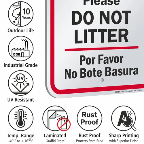 Miniatura 7 de SmartSign Letrero bilingüe de metal con texto en inglés "Please Do Not Litter - Por Favor No Bote Basura" de 18 x 12 pulgadas, aluminio laminado a