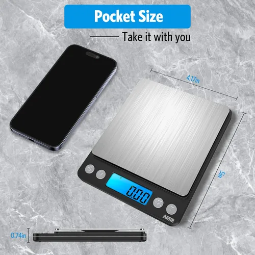 Miniatura 5 de AMIR - Báscula digital de cocina, 17.64 oz, báscula de bolsillo para joyas, báscula de cocina con pantalla LCD retroiluminada, 2 bandejas, 6 Negro