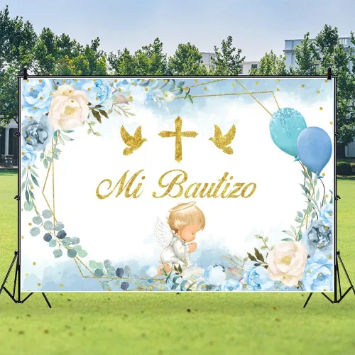 Miniatura 6 de Telón de fondo de bautismo, 7 x 5 pies, diseño de hojas de eucalipto florales azules y rosas, fondo de fotografía con tema de ángel, decoración